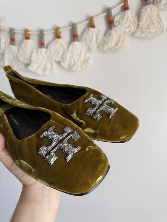 Tory Burch Eleanor Pave Crystals Ballet Flats Olive Green Velvet Square Toe 10 - Picture 3 of 10